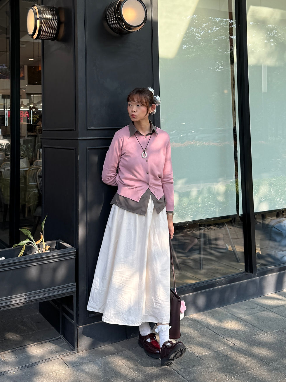 Shirt | Cardigan | Skirt | Shoes | Socks | Bag