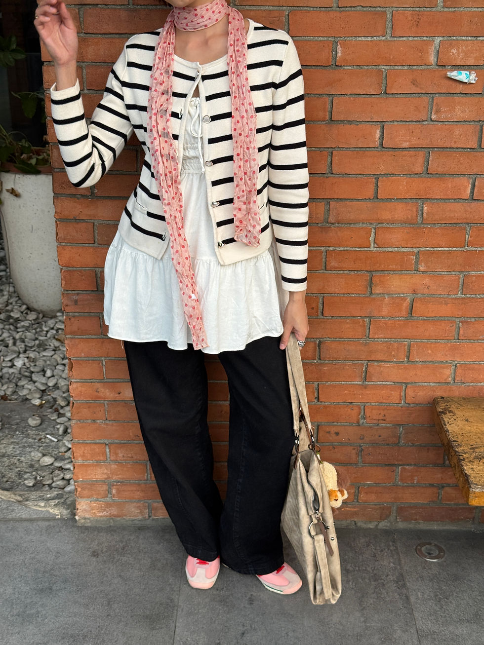 Cardigan | Mini dress | Jeans | Scarf from China (similar) | Bag from Taobao