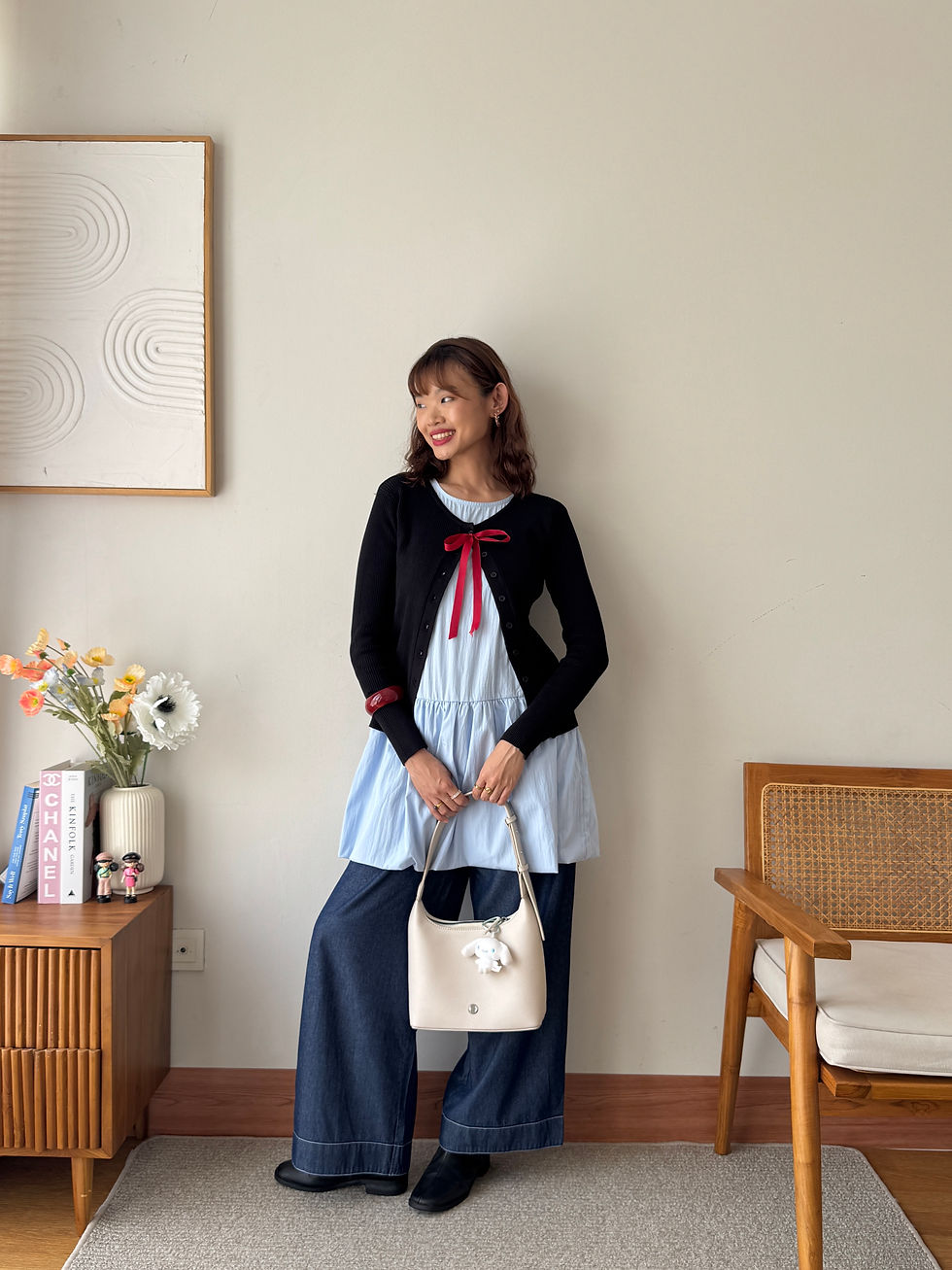 Mini balloon dress | Cardigan | Boots | Bag | Ribbon | Bangle