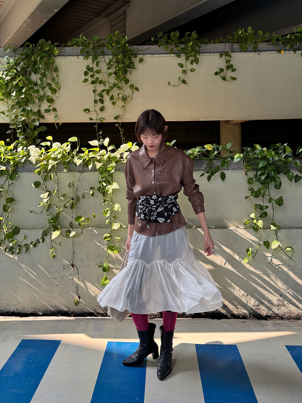 Leather shirt from Cottonink sold (similar leather jacket) | Sheer dress | Obi belt | Boots | Burgundy socks | Bag