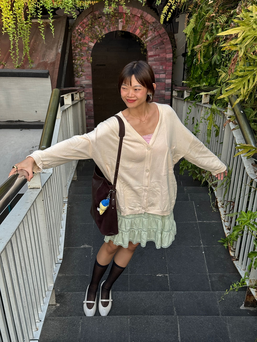 Tanktop dari H&M (similar) | Cardigan | Skirt dari Taobao | Socks | Shoes | Bag