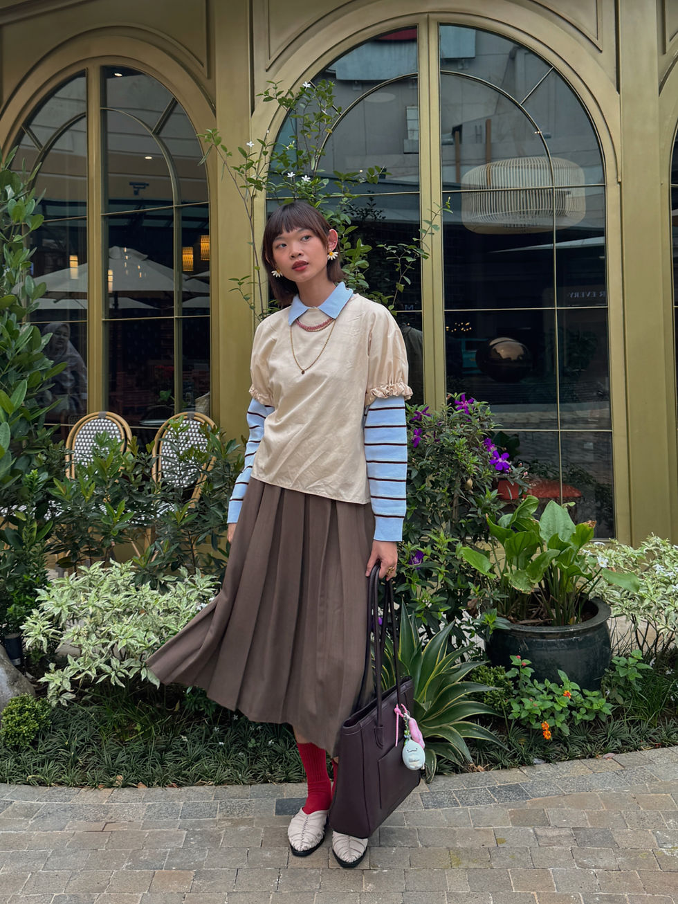 Knit top from Uniqlo | Puff sleeve top | Skirt | Shoes | Socks | Bag