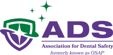 The ADS logo. Text reads ADS: Association for dental Safety formerly know as OSAP a sheilf icon with the top half diagonal green with a 4 prong star in the center the lower half is purple there are three stars to the upper right in green.