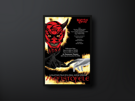 Poster mockup on a dark wall featuring a red devil face surrounded by flames, with dramatic black background and bold typography for the opera Mefistofele.