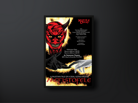 Poster mockup on a dark wall featuring a red devil face surrounded by flames, with dramatic black background and bold typography for the opera Mefistofele.