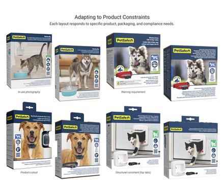 Multiple PetSafe packaging examples showing different layout adaptations, including in-use photography, warning labels, product cutouts, and structural variations such as top tabs, all within a consistent design system.