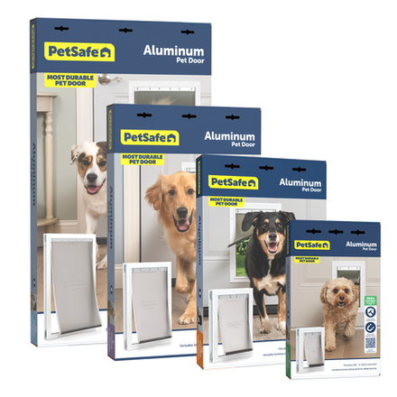 PetSafe aluminum pet door packaging shown in multiple sizes with consistent layout and size indicators.