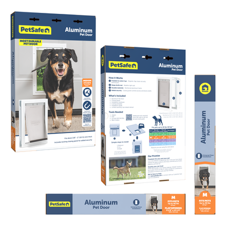 PetSafe aluminum pet door packaging showing front, back, and side panel layout with product information and installation instructions.