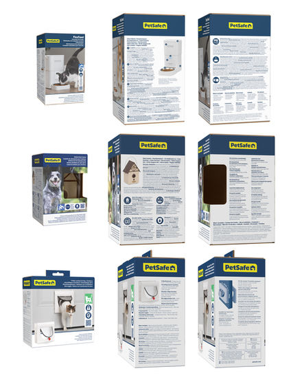 Multiple PetSafe packaging boxes showing side panels with structured layouts, including product instructions, features, and regulatory information organized in a consistent hierarchy across different products.