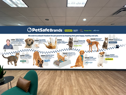 Large office wall graphic mockup featuring a PetSafe Brands timeline with illustrated pets, milestone dates, and brand logos, displayed across a wide interior wall.