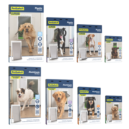 PetSafe plastic and aluminum pet door packaging fronts shown in multiple sizes with consistent layout and size labels.