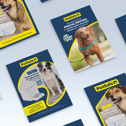 Collection of PetSafe promotional flyers featuring bold blue and yellow branding, dog imagery, and messaging encouraging booth visits and giveaways.