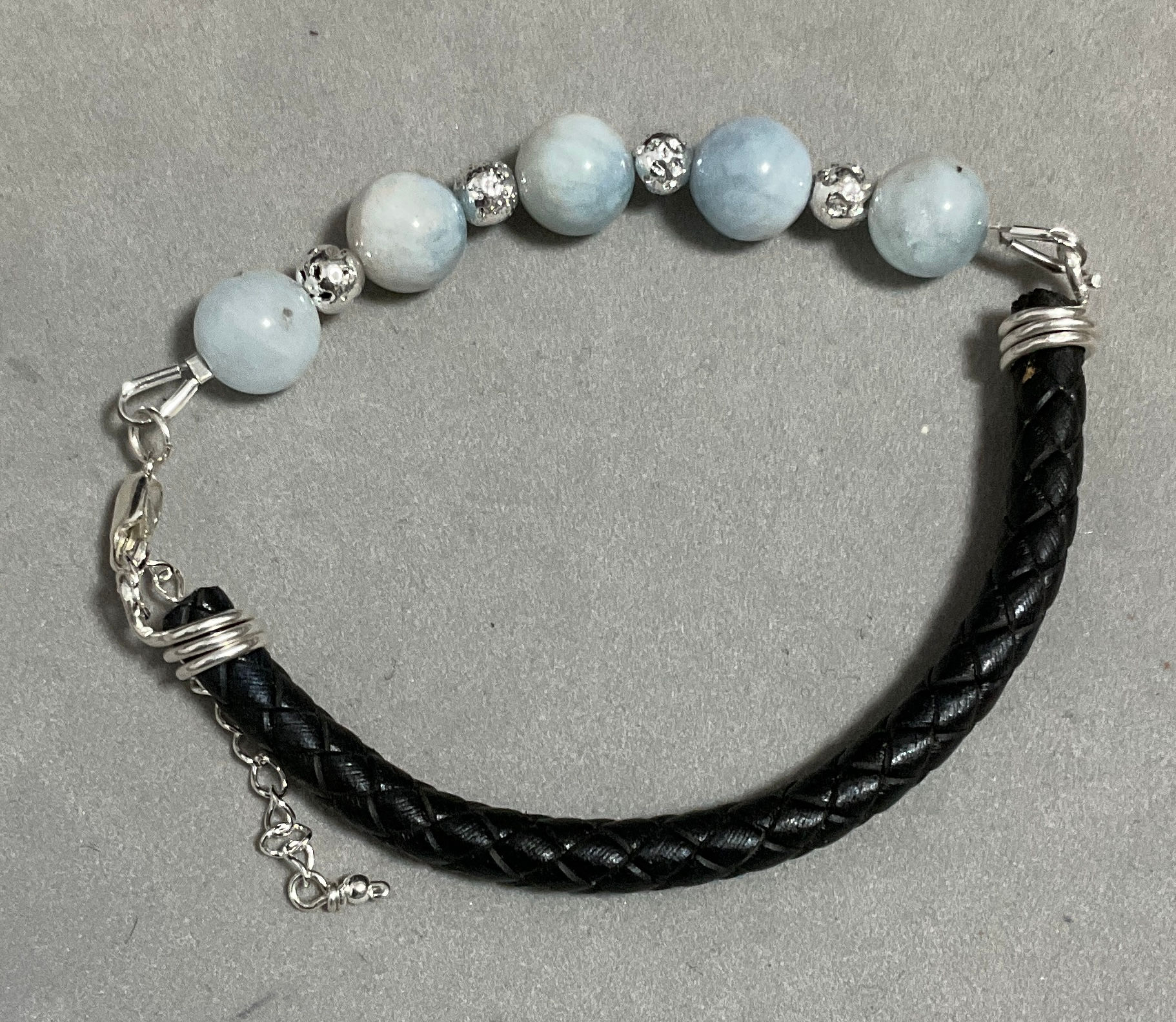 Aquamarine, Lava Beads, 925 Sterling Silver & Leather Bracelet