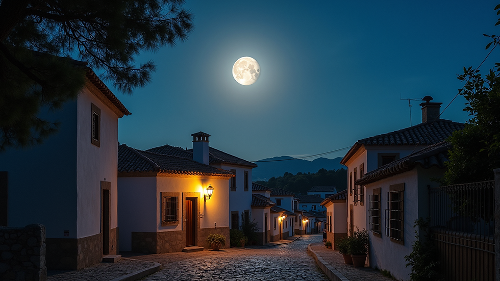 Eye-level view of a traditional Spanish village under a bright full moon