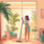 a woman cleaning the house with a palm tree in the background light colors