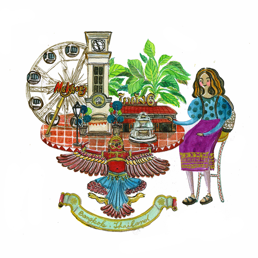 Draw theTailand travel moment of the watercolor