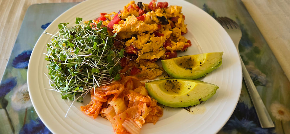 High angle view of a balanced meal with vegetables, protein, and grains