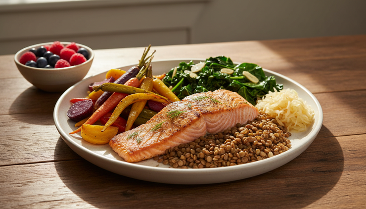Close-up view of a balanced plate with salmon, lentils, greens, and fermented vegetables
