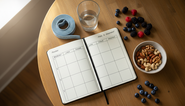 Overhead view of a journal, resistance band, water glass, and a simple meal plan on a kitchen table