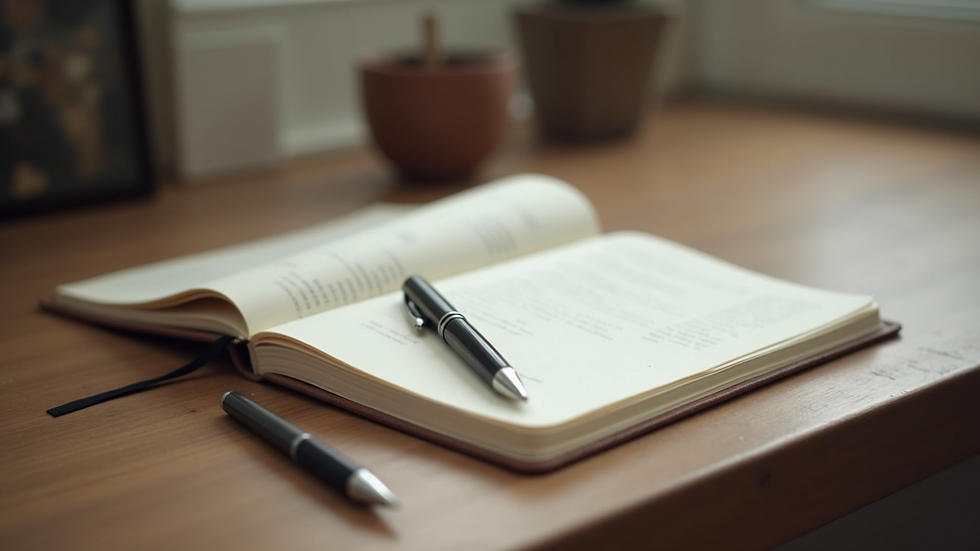 Close-up view of a journal and pen on a wooden table