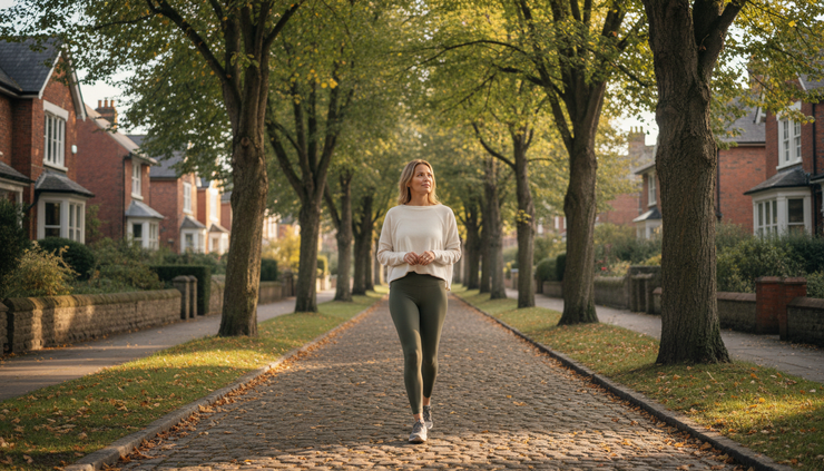 Wide-angle view of a woman walking on a quiet tree-lined path after breakfast