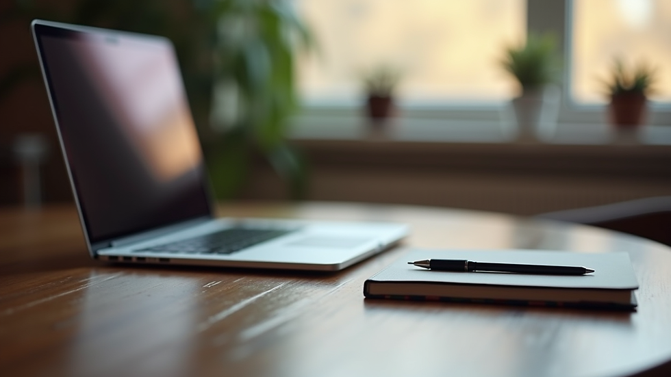 Eye-level view of a laptop and notebook on a cozy desk setup
