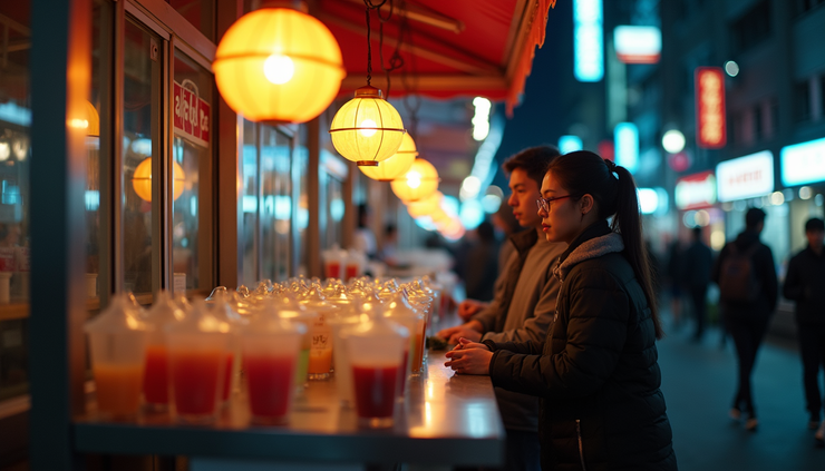 中角度拍攝夜市攤位前排隊購買珍珠奶茶的顧客