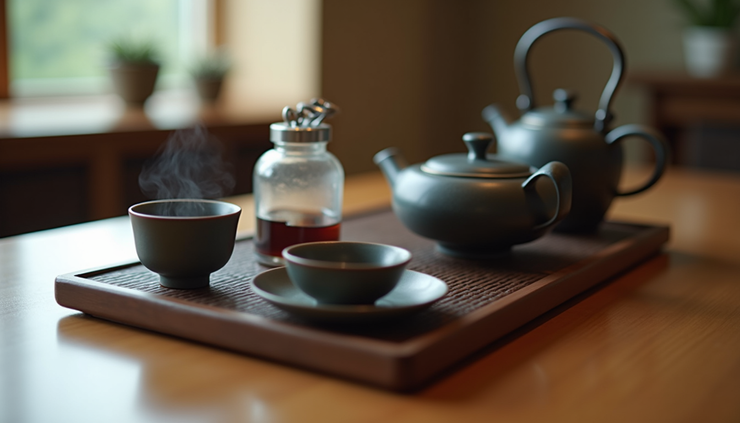 近距离拍摄茶杯与茶具摆放整齐