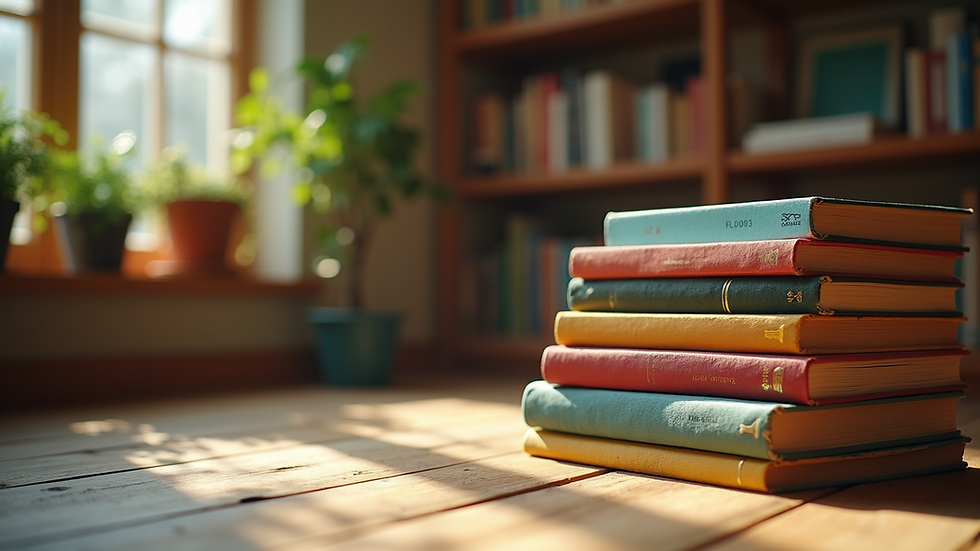 Eye-level view of a cozy reading nook with a stack of colorful storybooks