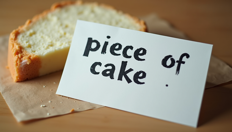 近距离拍摄一张写有“a piece of cake”的闪卡