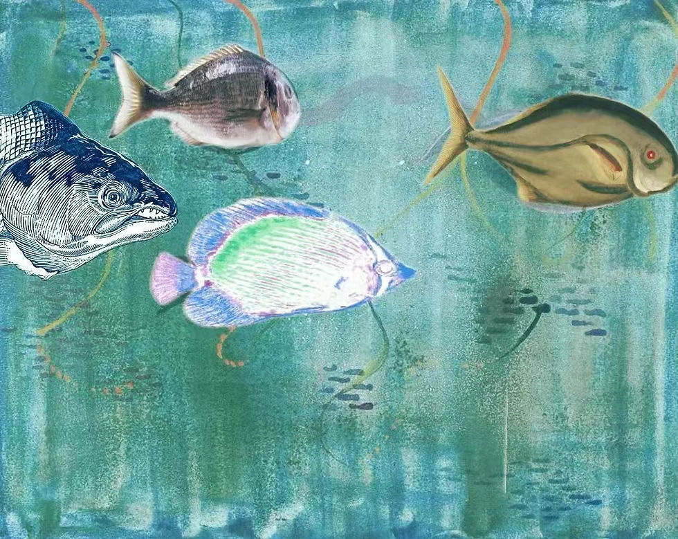 I added real fish to the watercolor painting.
