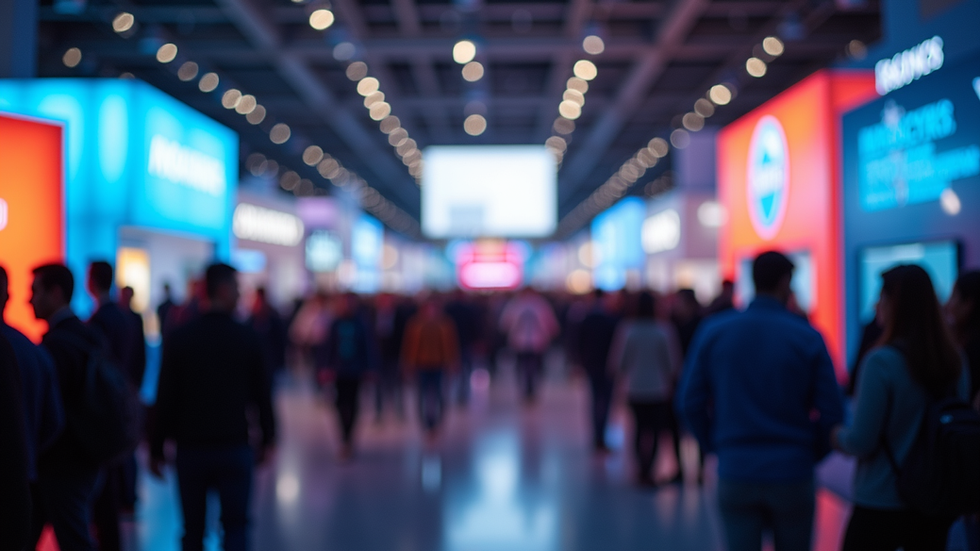 Eye-level view of a vibrant expo hall filled with attendees