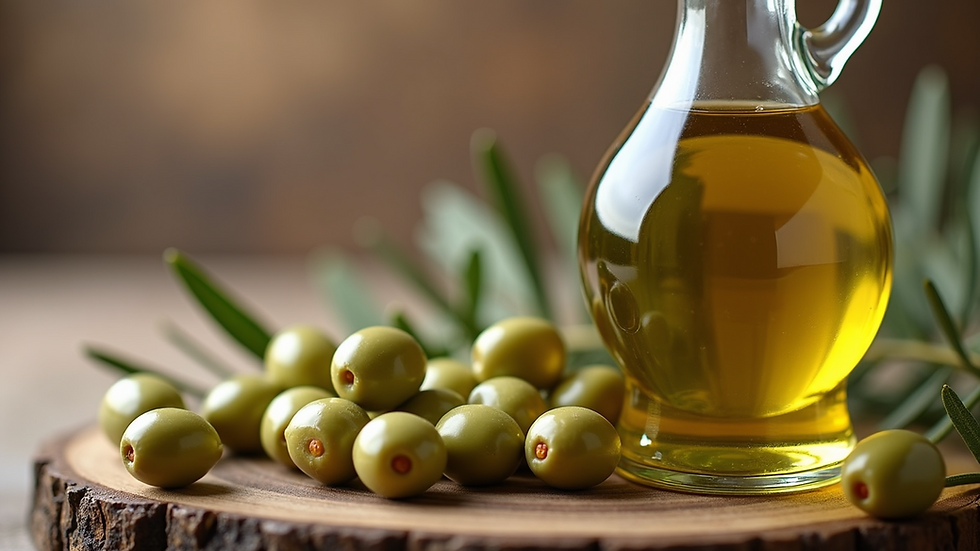 Close-up view of a bottle of olive oil with fresh olives