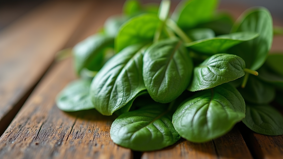 Close-up view of fresh spinach leaves on a wooden table