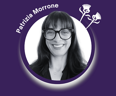 Black and white headshot of Patrizia Morrone, Freelance Trainer with Slanjava Learning Ltd, on a purple background with white thistle graphics.