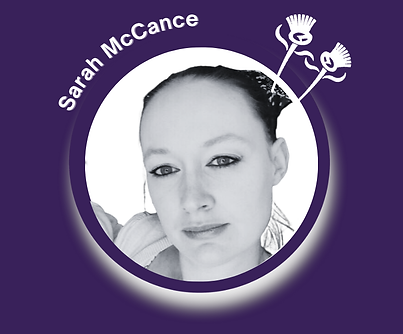 Black and white headshot of Sarah McCance, Co-Founder of Slanjava Learning Ltd, on a purple background with white thistle graphics.