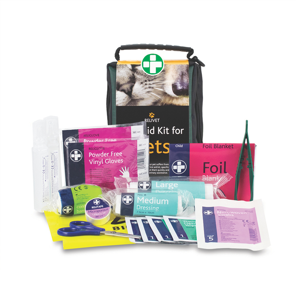 First Aid Kit for Pets with contents displayed, including gloves, saline pods, bandages, foil blanket, scissors and tweezers