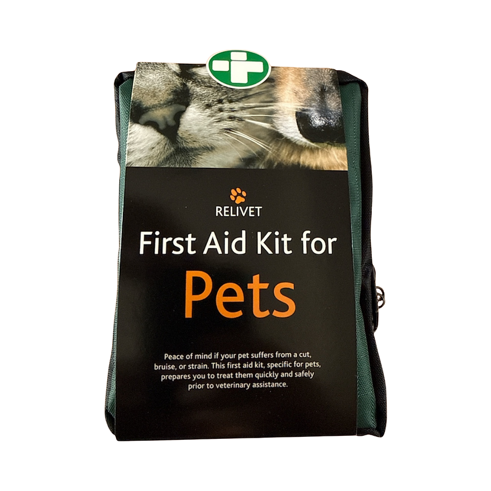 Thumbnail: First Aid Kit for Pets on a table with pet supplies in the background, featuring compact carry case with cat and dog