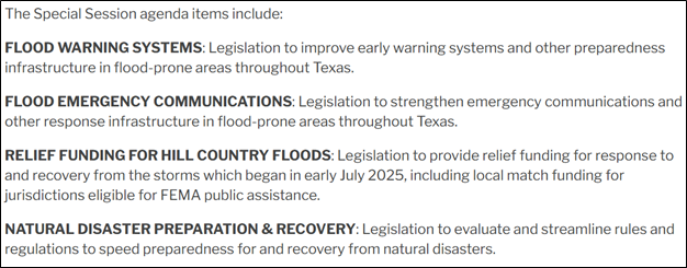 Governor Abbott Announces Special Session Agenda in Press Release dated July 9, 2025