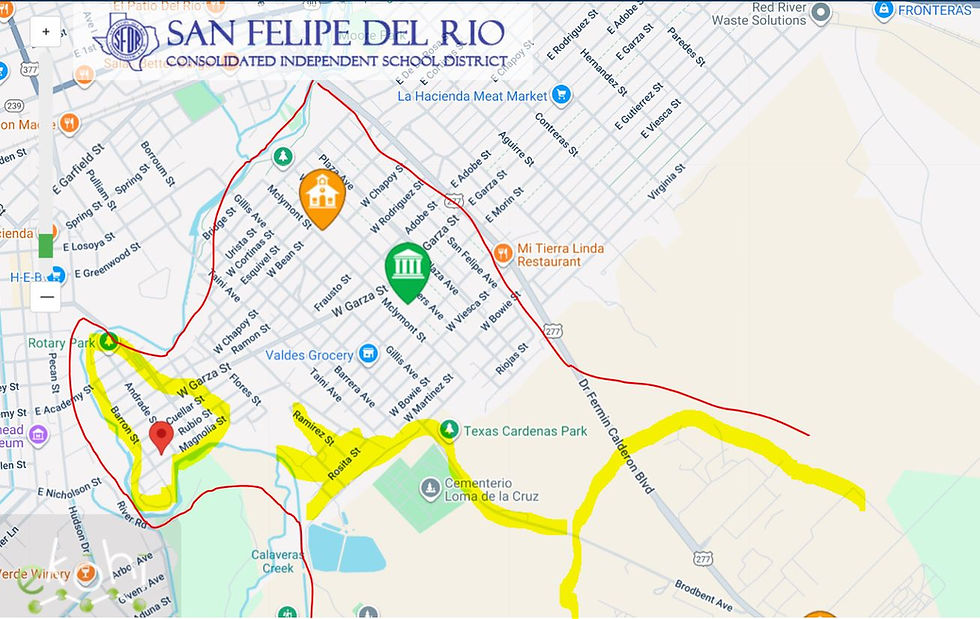 Approximate SFMMS neighborhood zone marked in red. Approximate bus service areas marked in yellow.