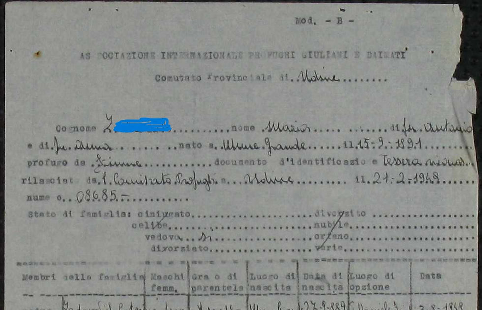 Domanda d’assistenza all’Ufficio IRO di Z. Maria per la sorella Z.C., del giorno 6 gennaio 1950, redatta su carta timbrata dall’Associazione Nazionale per la Venezia Giulia e Zara (ANVGZ), Comitato Provinciale di Udine, firmata da Carlo Conighi presidente. Notare la intestazione ad hoc. Arolsen Archives (Germany)