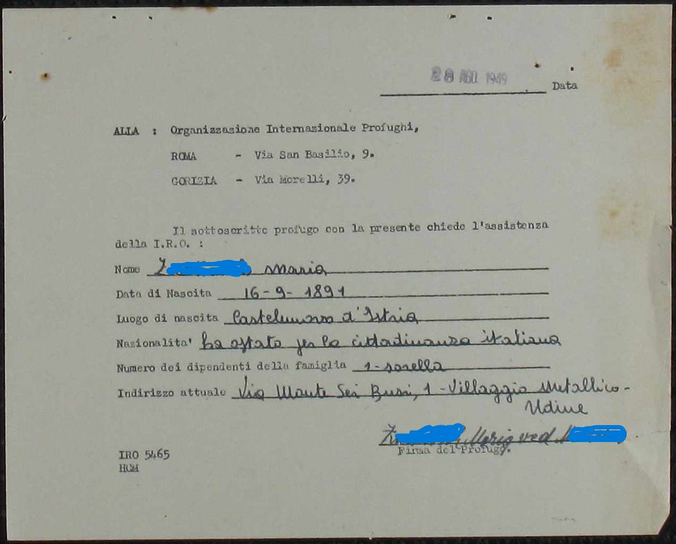 Scheda IRO di Z. Maria, residente con la sorella C. al Villaggio Metallico di Udine. Arolsen Archives