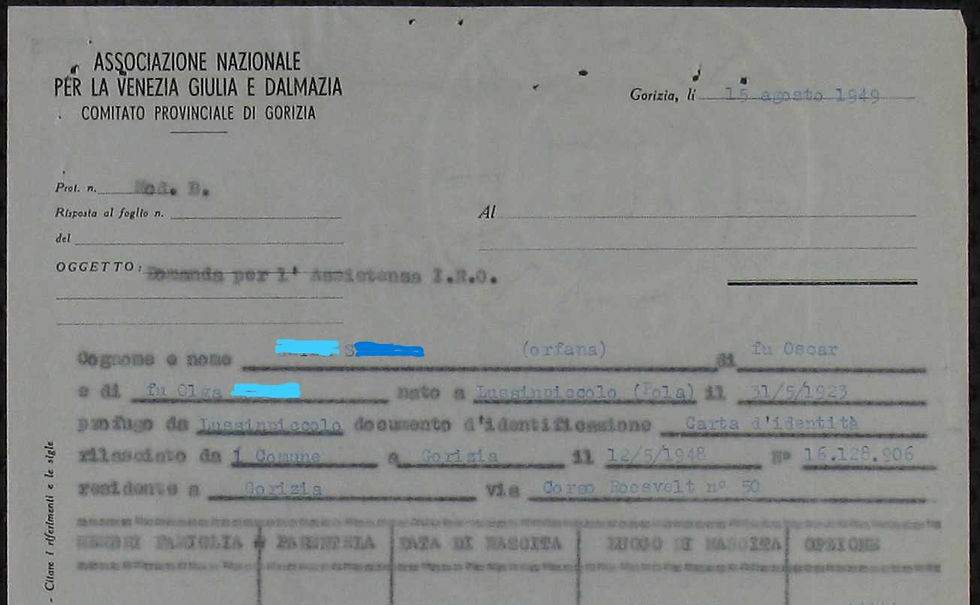 Domanda d’assistenza IRO di G.S., redatta dal Comitato provinciale di Gorizia dell’Associazione nazionale per la Venezia Giulia e Dalmazia, come si evince dalla carta intestata, del 15 agosto 1949. Arolsen Archives
