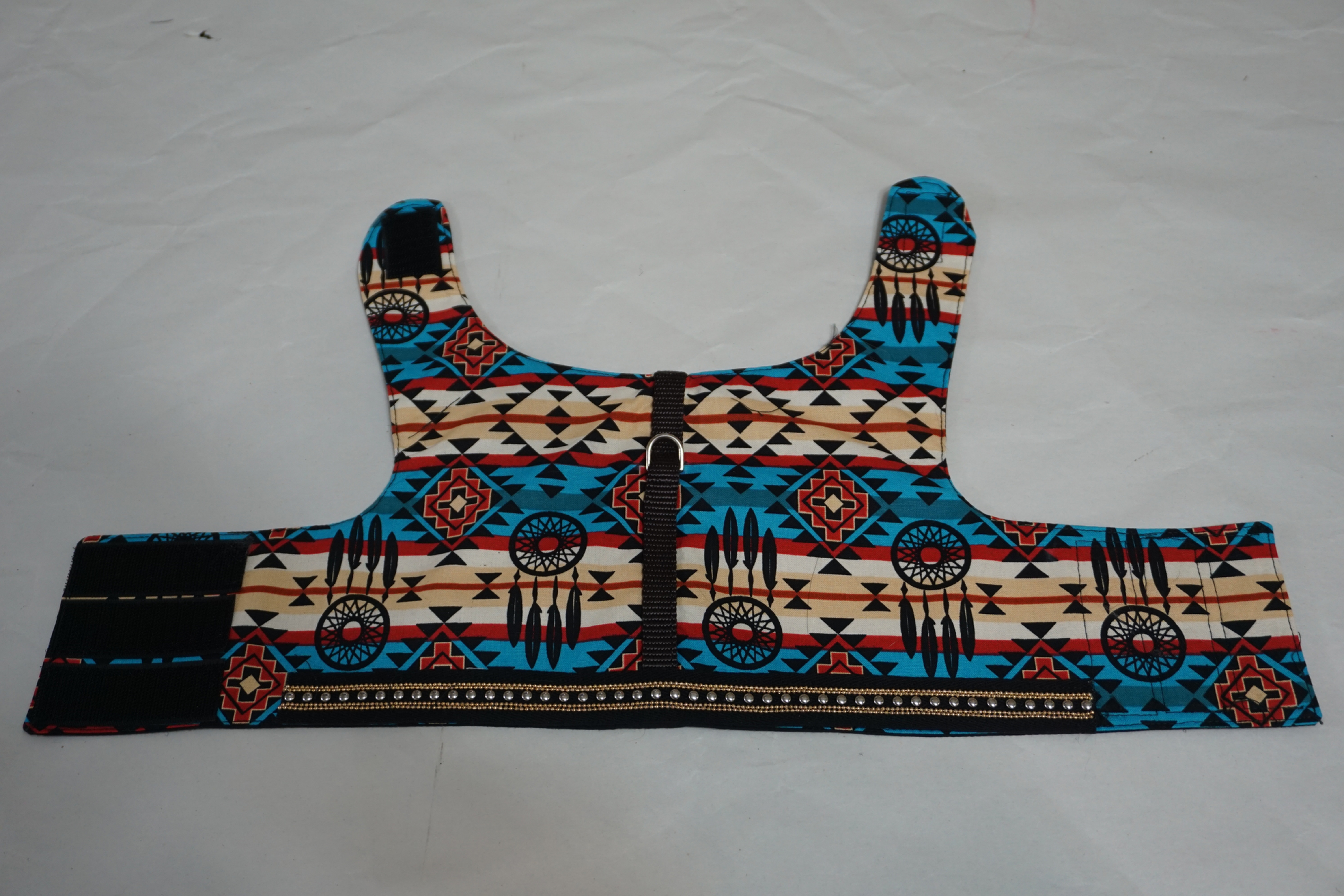 Flat view of the southwestern design small dog harness.