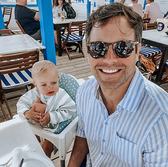 Father and son at BJs restaurant in the algarve Portugal.