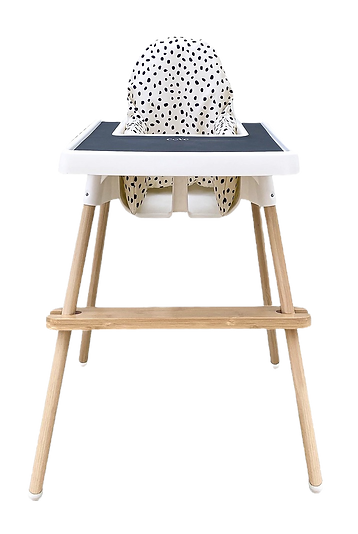 Cove Baby ikea highchair accessoires, dalmatian highchair cushion cover, grey silicone placemat on the tray and bamboo leg wraps and a bamboo footrest