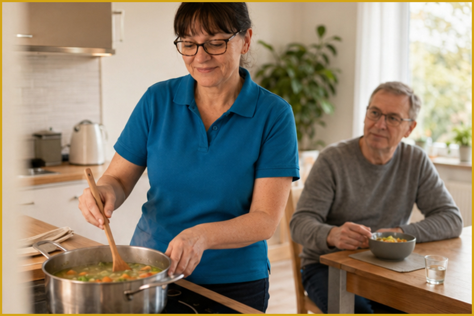 Silvia bereitet mit einer erkrankten Kundin eine einfache Mahlzeit vor.