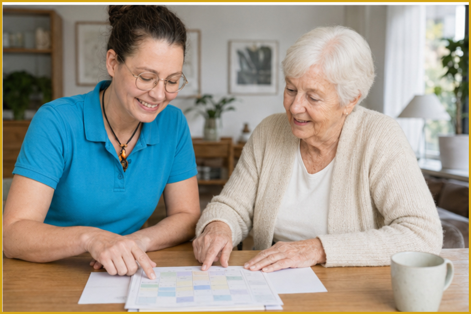 Johanna erstellt mit einer Seniorin einen Wochenplan für getrennte Leistungen.