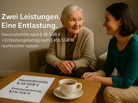 Eine SEIDEL CARE-Mitarbeiterin im Gespräch mit einer älteren Frau in gemütlicher Wohnzimmeratmosphäre. Auf dem Tisch liegen unterlagenähnliche Dokumente, die symbolisch für Haushaltshilfe nach § 38 SGB V und den Entlastungsbetrag nach § 45b SGB XI stehen.