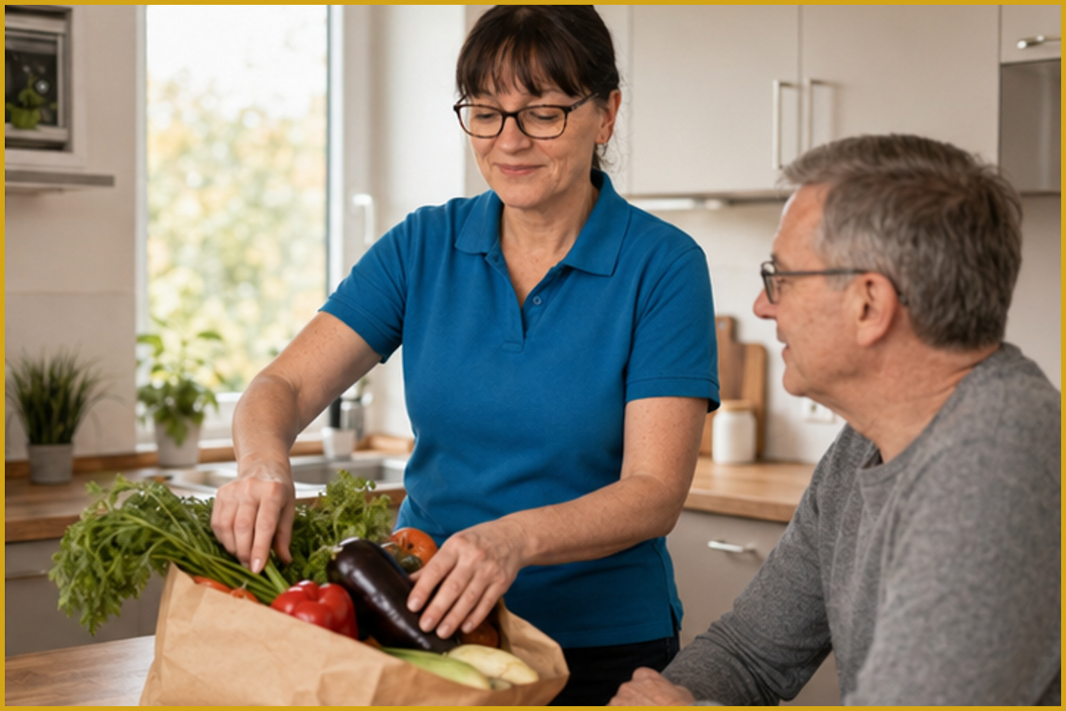 Silvia bringt einer erkrankten Kundin Einkäufe nach Hause.